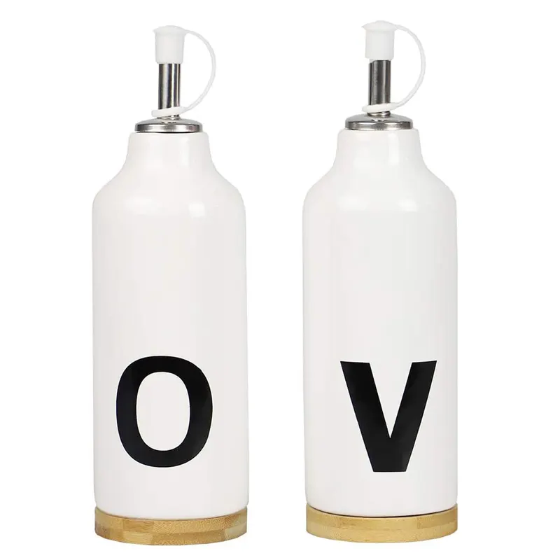 set of 2 white Ceramics olive oil Dispenser Bottle, Vinegar Soy Sauce Liquid Bottle Oil Cruet Set with lid base for home kitchen