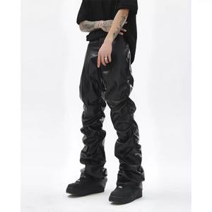 Wholesale Custom Black <b>Leather</b> Motorcycle Pants <b>for</b> <b>Men</b> High Street Style Slim Fit Pleated Bottom <b>Men's</b> <b>Trousers</b> - Product Image 2