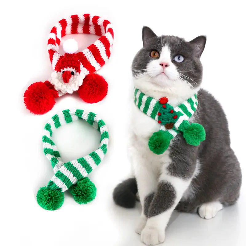 Рождественский комплект шарфов для кошек, собак, щенков, костюмы, подарок, красный костюм для домашних животных, Зимний вязаный шерстяной Рождественский шарф в полоску