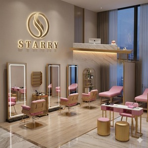 Juego de Muebles de Salón de Belleza Modernos, Duraderos y de Lujo en Oro Rosa con Espejo LED y Estaciones de Trabajo para Estilistas - Product Image 2