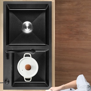 Évier de cuisine double fait main en acier inoxydable noir, moderne, carré, Aquacubic Cupc, avec robinet en laiton brossé doré de 8 pouces - Product Image 4