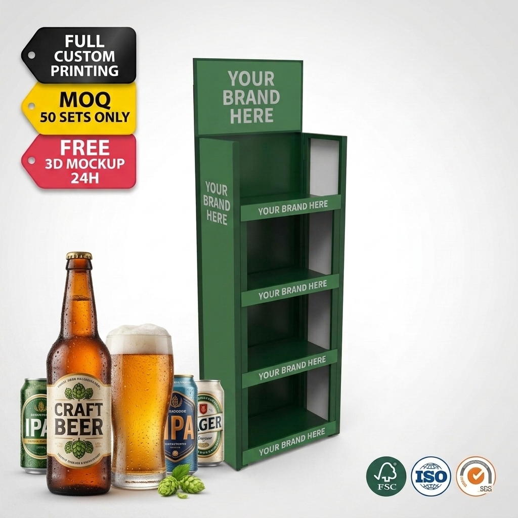 Wholesale Custom Floor Standing Metal Beer Display Stand Retail Cider Rum Wine Bottle Rack POS Display Shelf with Header ODM OEM