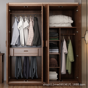 Walnut Solid Wood <b>Wardrobe</b> Four Door Hinged <b>Large</b> Capacity Bedroom Storage Cabinet - Product Image 3