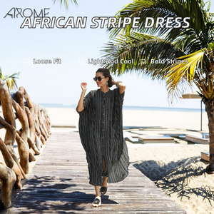 Nuevo Estilo Africano, Traje de Baño Maxi Kaftan con Rayas Verticales Negras para Verano, con Cubrebaño, Tela de Rayón Tejida - Product Image 2