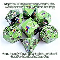 Lot de 7 dés polyédriques en acrylique imprimé de 28g, motif papillon vert, bords tranchants, pour jeux de rôle de table (DND), vente en gros