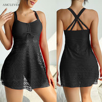AMCLEVER 2026 Maillot de bain une pièce amincissant et modeste pour femme, couleur unie, push-up, avec dentelle et jupe transparente, logo personnalisé OME