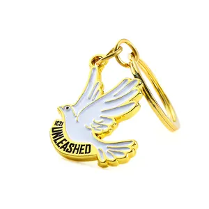 White Dove Peace Symbol Soft Enamel Gold Bird Pigeon Keychain