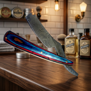 Damascus Steel Straight <b>Razor</b> Blue Red Wooden Handle Single Blade Barber Shop Use for <b>Men</b> ASAP Stainless Steel - Product Image 2
