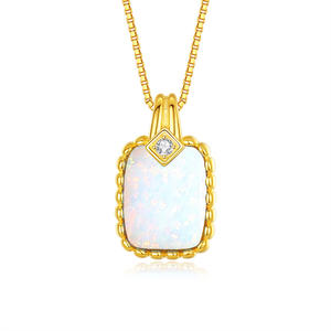925 Sterling Silver Gold Plated Rectangle Blue Opal Bezel Set Pendant Necklace Dainty Milgrain <b>Edge</b> Vintage Jewelry For Women - Product Image 2