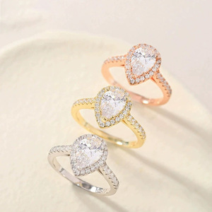 Conjunto de anillos de plata de ley S925 con forma de pera, 6x9mm, circonita cúbica en forma de lágrima, halo apilable, anillo nupcial de diamante simulado para mujer - Product Image 2