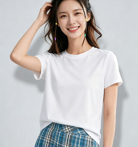 T-shirt en bambou pour femme, coupe classique, tricoté, avec logo personnalisé, 38% coton, 32,4% bambou, 29,6% Sorona, col rond, été - Product Image 3