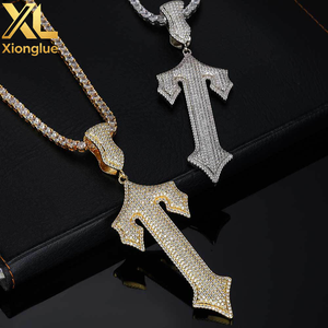 Collier personnalisé en cuivre et zircon avec pendentif épée et croix, style hip-hop, lettre T, pour hommes, vente en gros de bijoux fins - Product Image 4