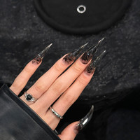10 faux ongles à presser, design encre lavée griffe de dragon, courbés, transparents, dégradé fumé, forme stiletto, brillants, marbrage sombre gothique