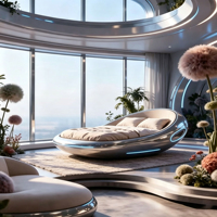 Futuristisches Pod-förmiges Fiberglas-Queensize-Bett mit Glänzender Silberner Umhüllung und LED-Streifen für Moderne Schlafzimmer