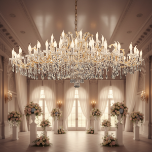 Lustre LED suspendu Maria Theresa de 200 cm de large, en cristal doré, style bougie, blanc chaud 2700K, garantie 4 ans, pour plafond bas, hôtel - Product Image 1