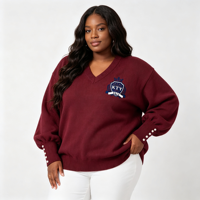 Pull en tricot personnalisé pour femme, style universitaire, grande taille, col en V, manches lanternes, poignets à boutons perlés, décontracté et ample, collection automne-hiver