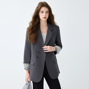 Women's Double Breasted Blazer Gray Lace Cuffs Loose Fit Korean Style Solid Color Polyester Worsted Fabric Spring Autumn Wear - Product Image 1