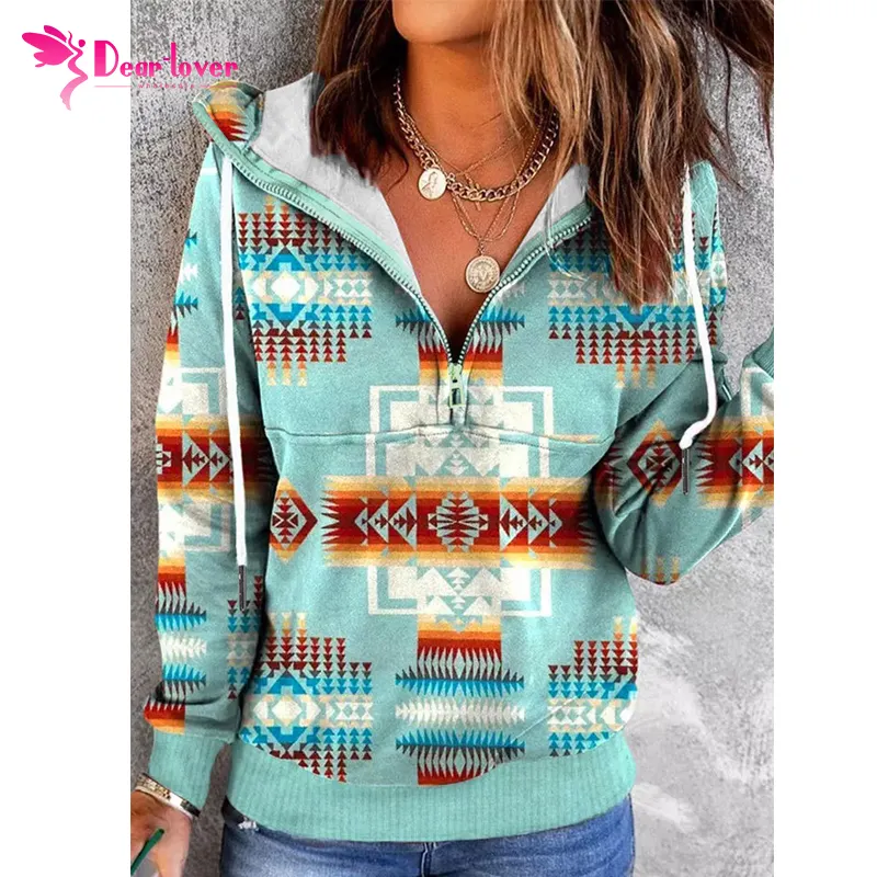 Women's Clothing Logo Printing Oversize Custom Sky Blue Aztec Geometric Drawstring Zipper Pullover Sweatshirt