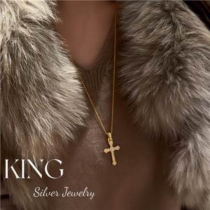 King Silver Cross Pendant Necklace With Diamond Prong Setting Unisex Everyday Wear - Product Image 4