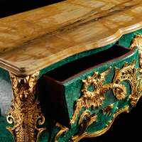 Console de salon en bois massif de couleur or et vert, style royal français, avec 4 tiroirs