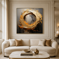 Peinture à l'huile carrée faite à la main, nature morte abstraite, noir et or texturé, art mural encadré sur toile, prêt à accrocher, décoration pour la maison et l'hôtel