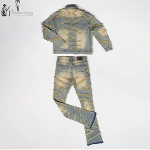 Denim Factory Custom Heren Print 2 Delige Denim Jasje En Broek Denim Set Jeans Past Bij Heren