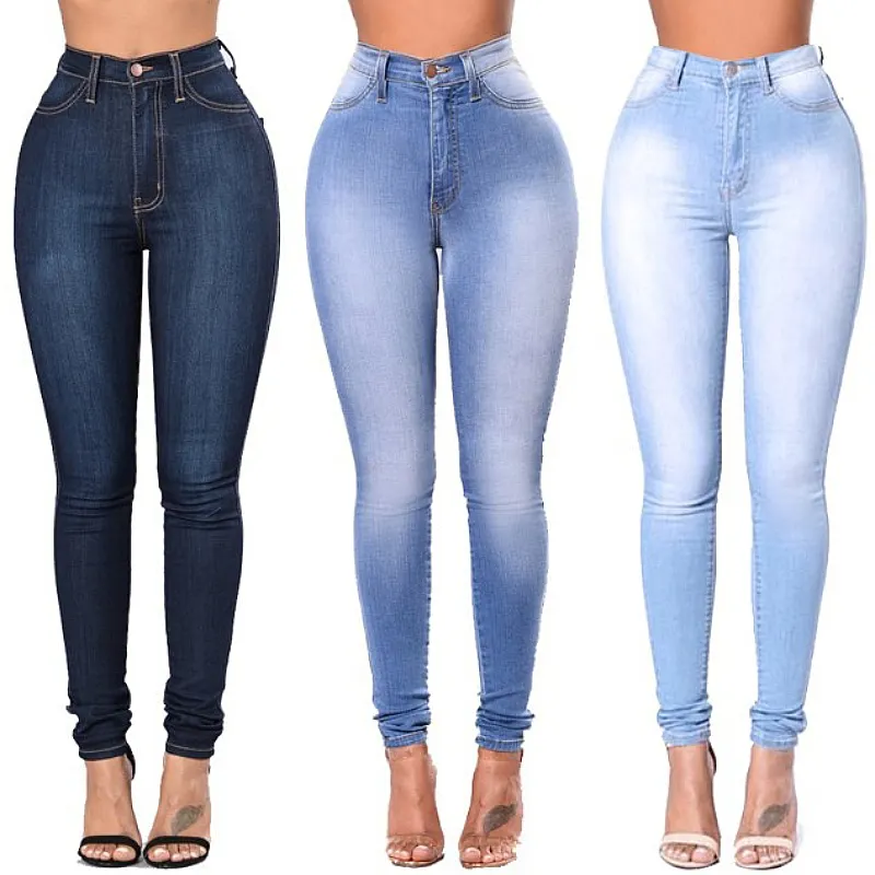 Calça jeans feminina de cintura alta, calça jeans feminina de stretch com elástico, cor sólida, para lápis, calças skinny