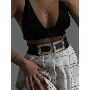 Cinturón Elástico para Mujer con Hebilla Dorada en Forma de Caja, Accesorio de Moda Casual con Baño de Aleación - Product Image 1