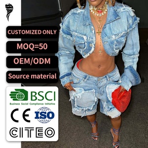 Nuevo Conjunto de Mezclilla para Mujer: Chaqueta Corta Estilo Urbano y Shorts Holgados de Tiro Bajo con Lavado Ácido y Efecto Desgastado - Conjunto de Dos Piezas de Mezclilla Distressed para Mujer - Product Image 1