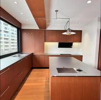 Meuble de cuisine en acier inoxydable 304 à grain de bois personnalisé avec îlot de cuisine autoportant, meuble de cuisine en L complet pour villa