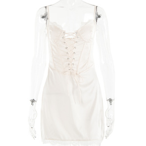 Vestido ajustado de satén con cordones para mujer, falda elástica de color liso con tirantes finos y cintura ceñida FD9790 - Product Image 5