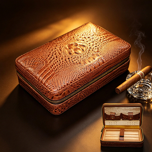 Humidor à cigares portable de voyage - Étui de rangement pour cigares en <span class=keywords><strong>cuir</strong></span> de crocodile de qualité supérieure avec doublure en cèdre, fermeture éclair sécurisée et plusieurs compartiments - Product Image 2