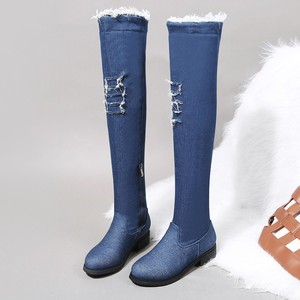 Stivali <span class=keywords><strong>Donna</strong></span> sacco Botas y Botines Mujer punta a punta a metà polpaccio strappato alla moda Tacco alto Denim Bootie Stivali da <span class=keywords><strong>Donna</strong></span> scarpe - Product Image 3