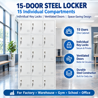 Armoire à casiers en acier à 15 portes avec serrures à clé individuelles et portes ventilées pour employés, personnel, usine, gymnase, école