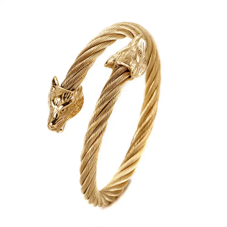 Nova Chegada Homens De Aço Inoxidável Jóias Personalizadas 18k Banhado A Ouro Cabo Ajustável Fio Bangle Open Cuff Wolf Head Bracelet