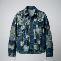 Veste en jean unisexe personnalisée, vente en gros B2B, veste en jean déchirée avec patchwork, streetwear, OEM ODM