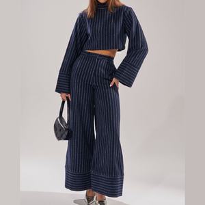 Conjunto de Dos Piezas para Mujer, Top Corto Informal Holgado de Manga Larga y Pantalones Anchos Acampanados, Venta al Por Mayor Personalizada - Product Image 2