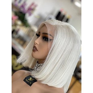 SHY Charisma # Pelucas de Cabello Virgen Rubio Platino 60, con Frente de Encaje Transparente, para Mujer, Estilo Bob Corto y Grueso, Cabello Ondulado - Product Image 3