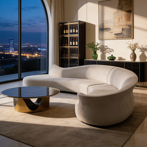 طقم أريكة فاخر وعصري منحني لغرفة المعيشة، تصميم إيطالي، أريكة من القماش الكريمي، أثاث راقي للفلل، تصميم بسيط وكبير الحجم - Product Image 3