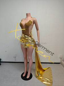 Ocstrade Glanzende Gouden Strass Clubjurk Doorschijnend Sexy O-hals Mouwloos Slim Fit Gerimpeld Kort Gala Jurkje voor Feestjes - Product Image 4