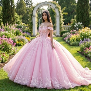 Dy6957 <b>Pink</b> Chiffon Quinceanera <b>Dress</b> <b>Puffy</b> Ball Gown Natural Anti-static Appliques Sweetheart Neck Vintage Train Prom Wedding - Product Image 1