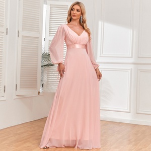 Robe longue de demoiselle d'honneur élégante en mousseline unie avec dentelle, écologique, à manches longues, pour femme, collection automne, vente en gros - Product Image 4