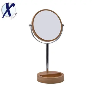 Household 360 Degree Rotating Tabletop Bamboo Mirror Makeup Storage Wooden Desktop Cosmetic Mirror