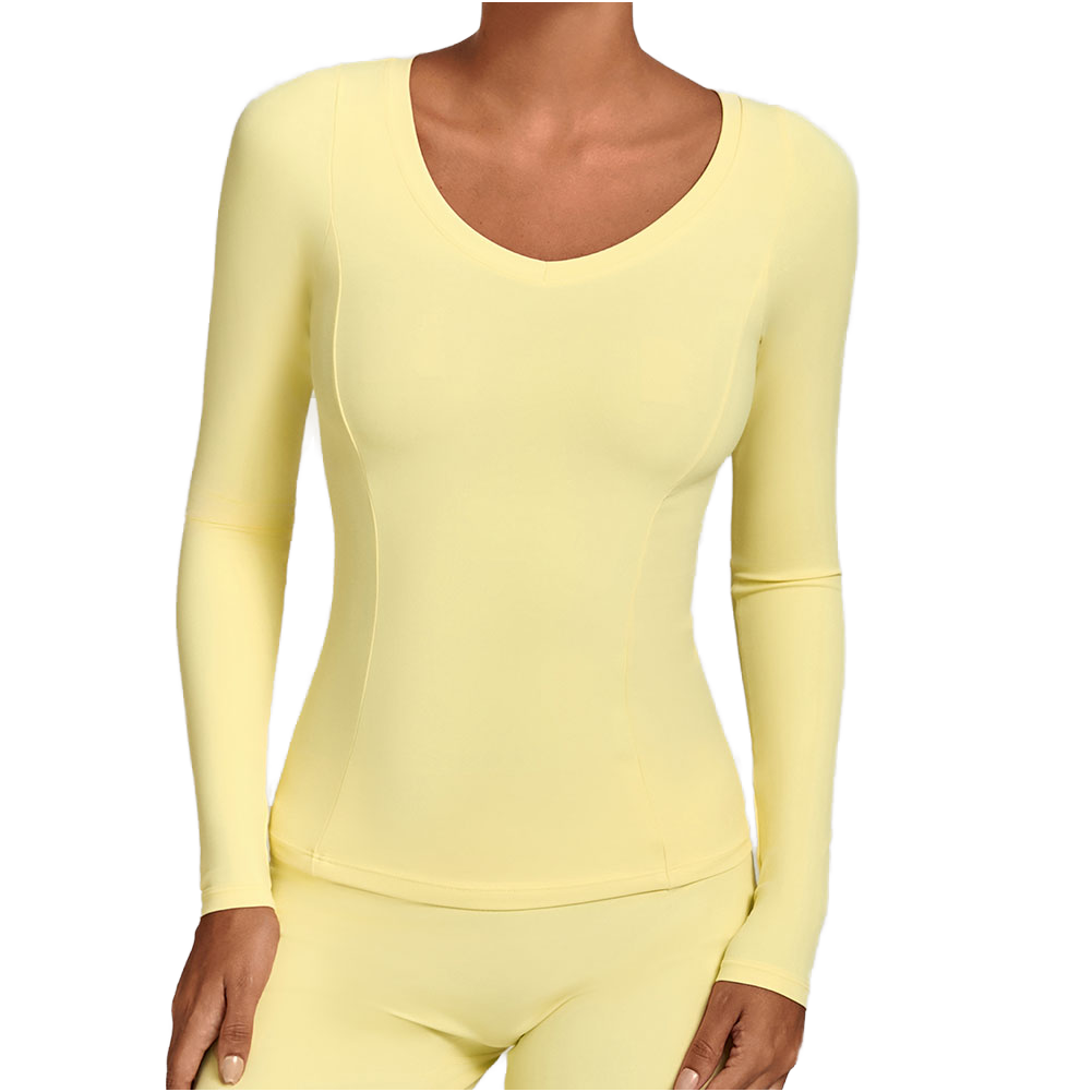 Custom V-Neck Slim-Fit Long Sleeve Yoga T-Shirts Women's Solid Color Breathable Training Tee Tight Stretch Sports Fitness Top