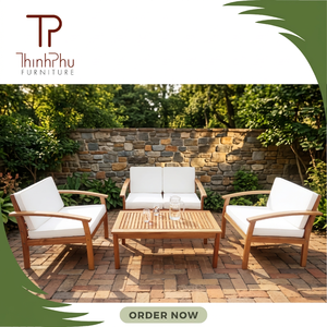 Contemporary Outdoor <b>Wood</b> <b>Sofa</b> Set with White Cushions for Garden Patio Furniture - Product Image 4
