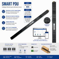PDU Inteligente Monitoreado de Carga Pesada con Diseño de Montaje Vertical Slim Zero U, Entrada Superior, Cableado Fijo, 80A Trifásico 380V, 80A por Salida