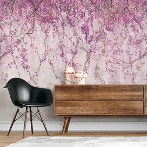 ورق حائط مطبوع مخصص مطبوع عليه شجرة زهرة الكرز الوردية ورق حائط ثلاثي الأبعاد