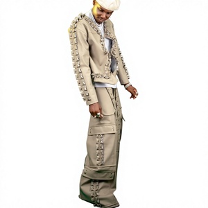 Men's Streetwear Two Piece Set Genuine Leather Breathable Pleated Jacket Wide Leg Cargo <b>Pants</b> Solid Color Full Sleeve Loose Fit - Product Image 3