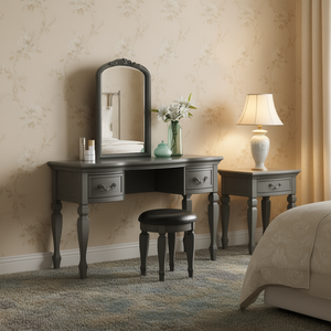 Toeletta Classica in Legno Intagliato con Specchio e Sgabello, Set Mobili Camera da Letto, Finitura Anticata, Cassetti Contenitori - Product Image 2