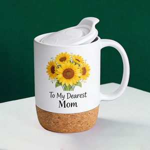 Tasses en céramique pour la fête des mères avec couvercles - Design floral tournesol, lavande, œillet, tulipe, fond en liège, cadeau pour maman - Product Image 3